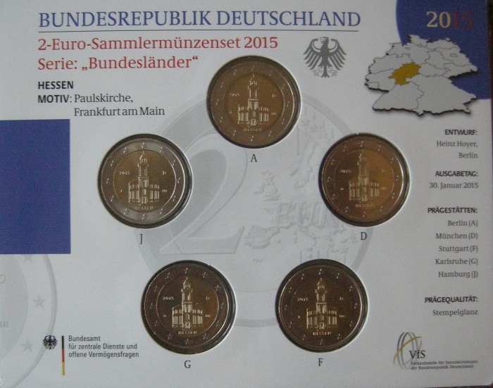 (afbeelding voor) 2 Euromunt Duitsland 5x 2015 Hessen Pauluskerk BU A-D-F-G-J